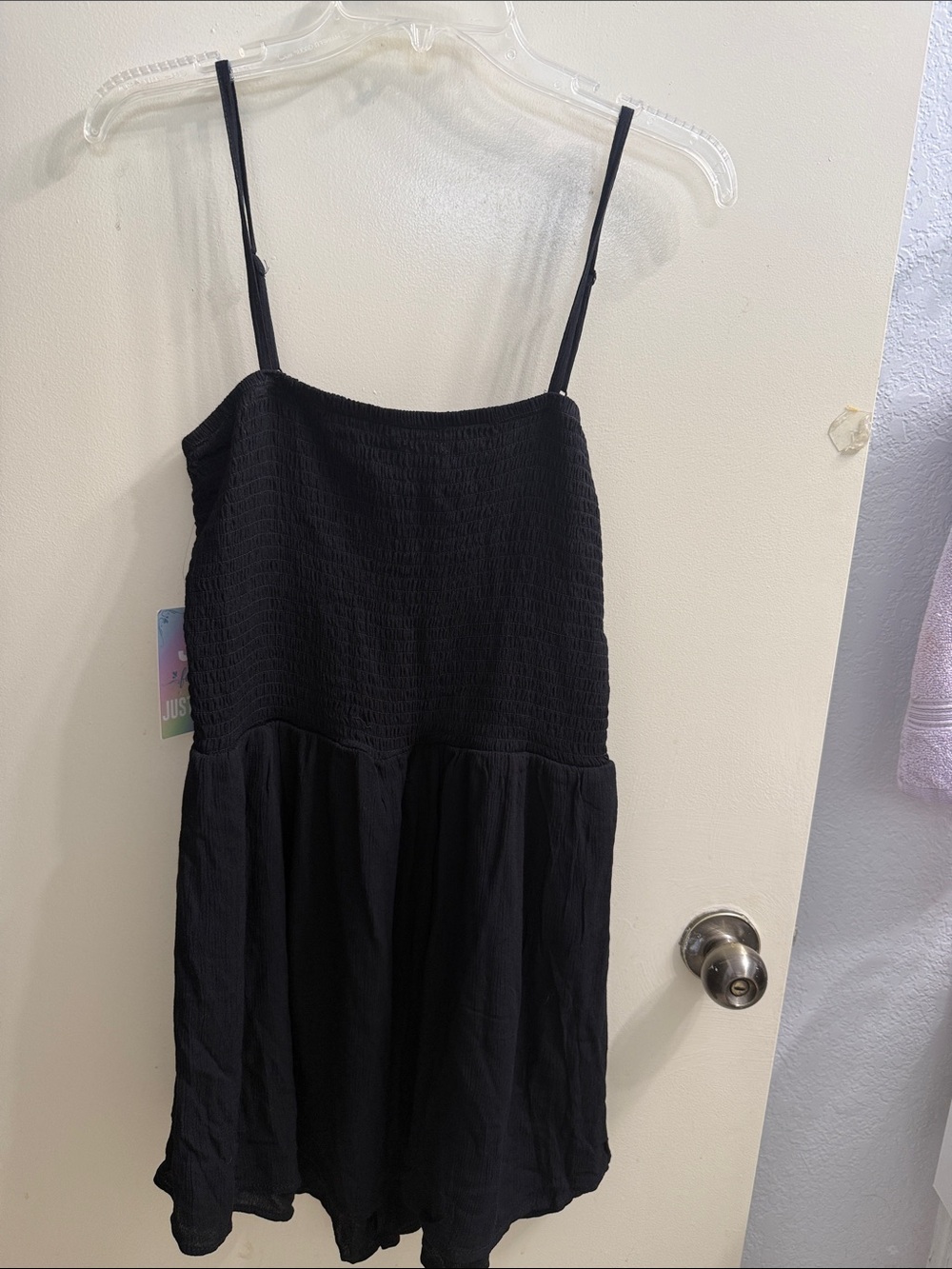 Black Smocked Bodice Spaghetti Strap Mini Dress